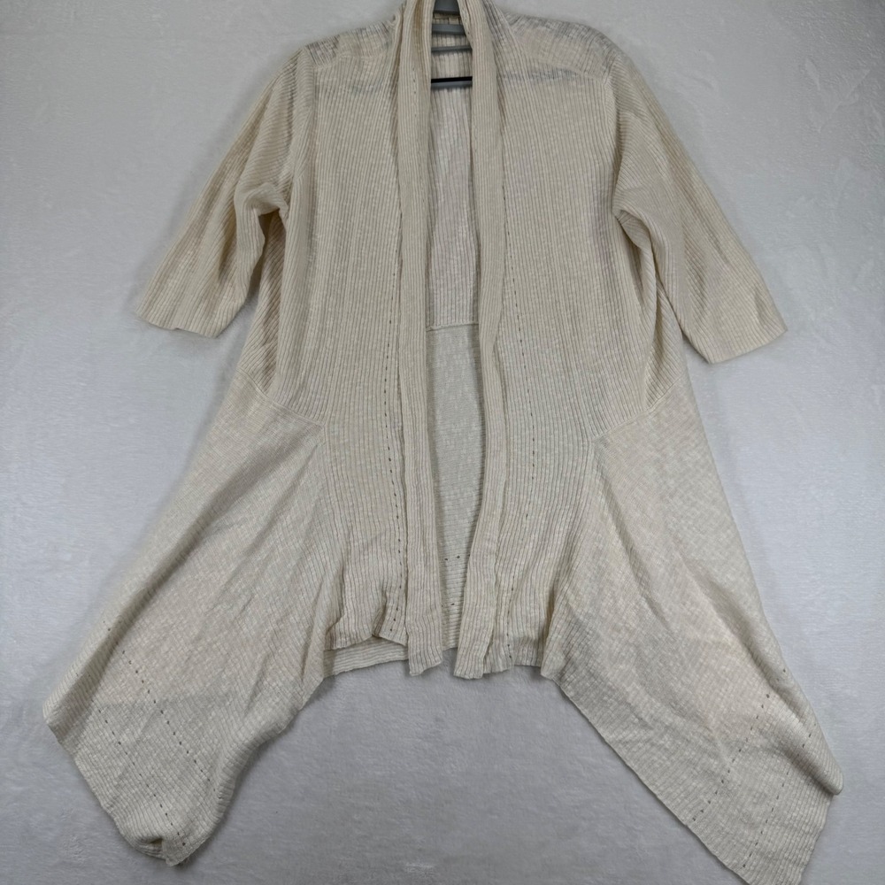 Eileen Fisher XL Linen Cotton Ribbed Knit Sharkbite Cardigan Cream 3/4 Sleeve
